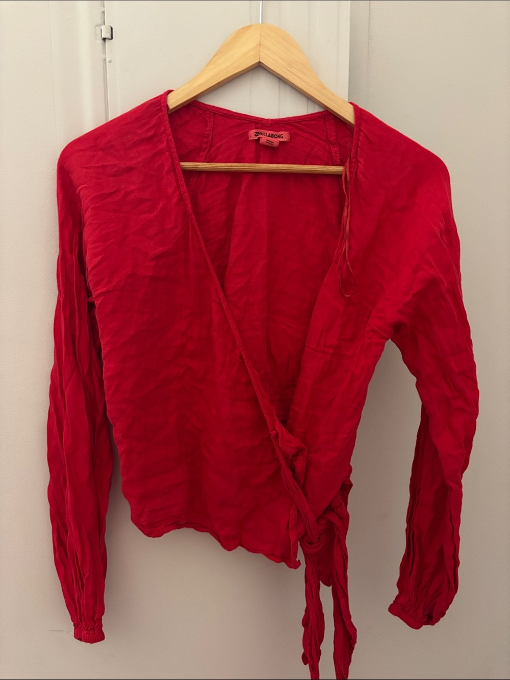 Billabong Vibrant Red Wrap Blouse size large long sleeve wrap around tie waist